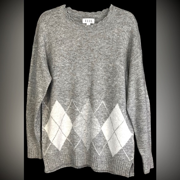 ELLE Gray/Silver/White Crewneck Argyle Sweater w/Scallop Detail, Sz Small, GUC. - Picture 1 of 9